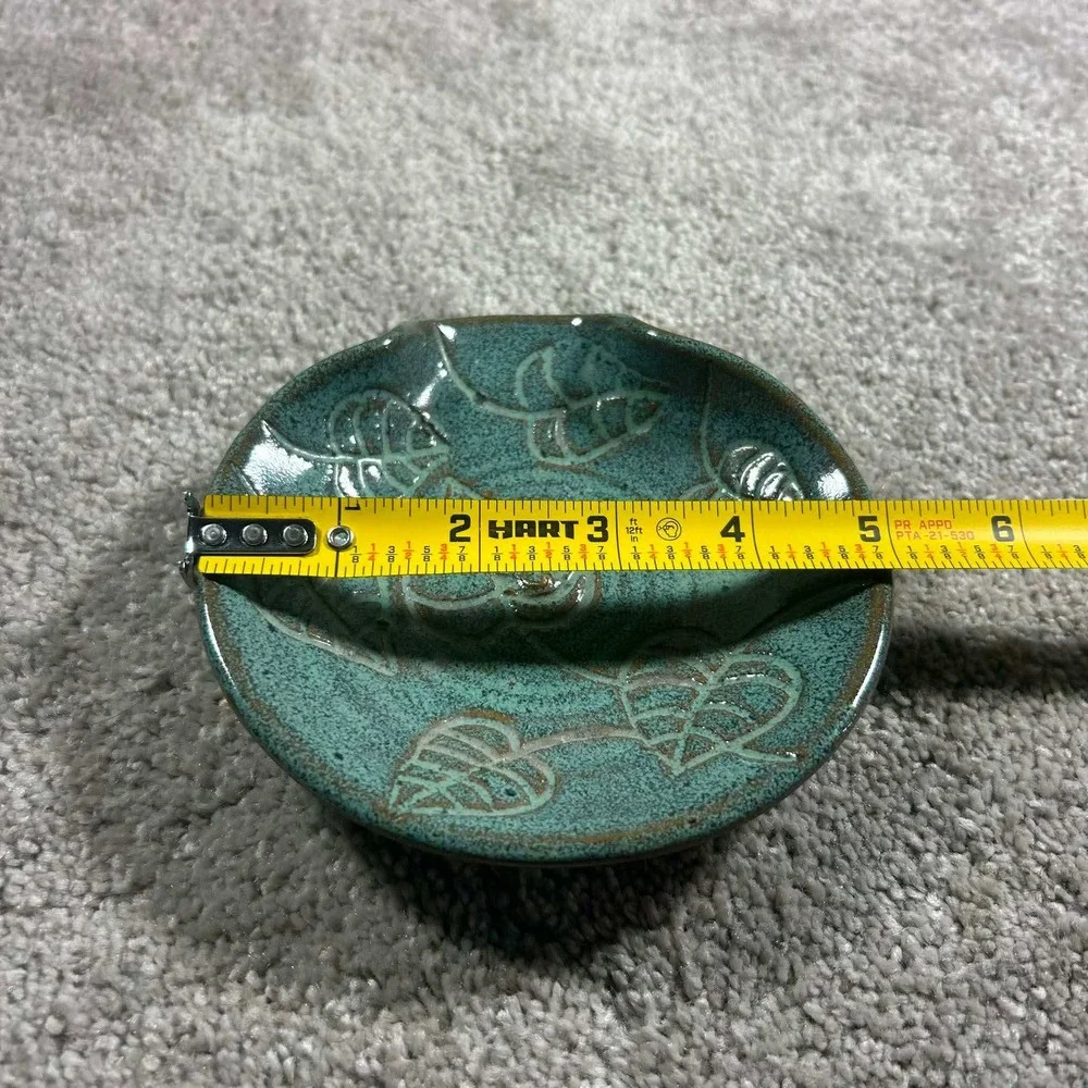 Etched Leaf Spoon Rest Artisan Pottery‎ Trinket Dish Teal Green Signed 5 Inch